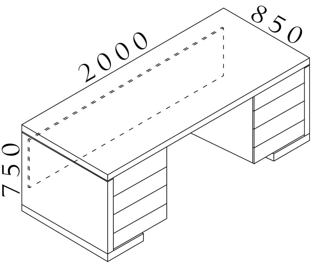 Stôl Lineart 200 x 85 cm + 2 x kontajner, brest svetlý / biela