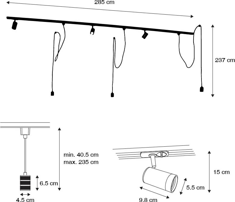 1-fázový koľajnicový systém s 3 reflektormi a závesnými svietidlami biela - Cavalux Jeana