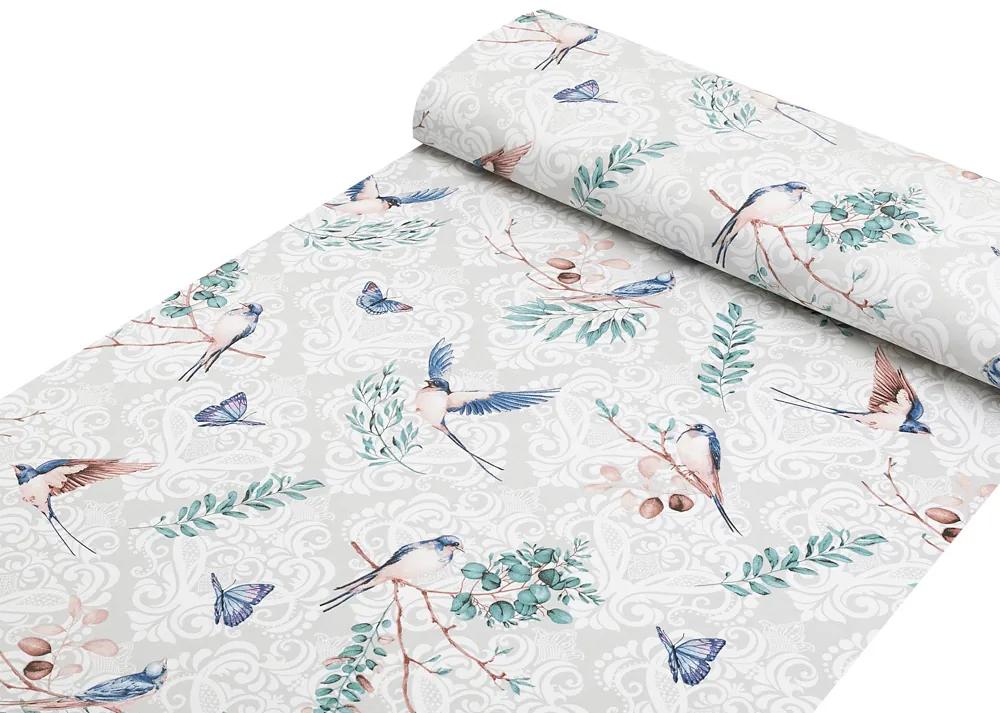 Biante Detské bavlnené posteľné obliečky do postieľky Sandra SA-471 Lastovičky s motýlikmi na svetlo sivom ornamente Do postieľky 100x135 a 40x60 cm