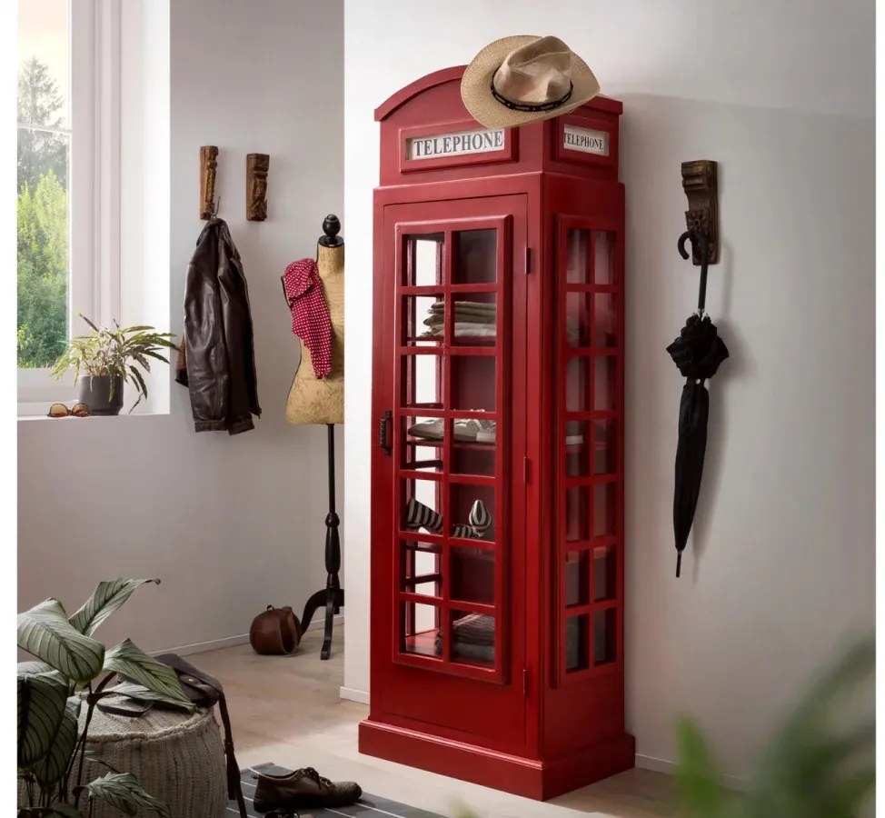 furniture-nabytek.cz - Masívna vitrína London police v červenej farbe, lakovaná, z mangového dreva – 64×40×185 cm