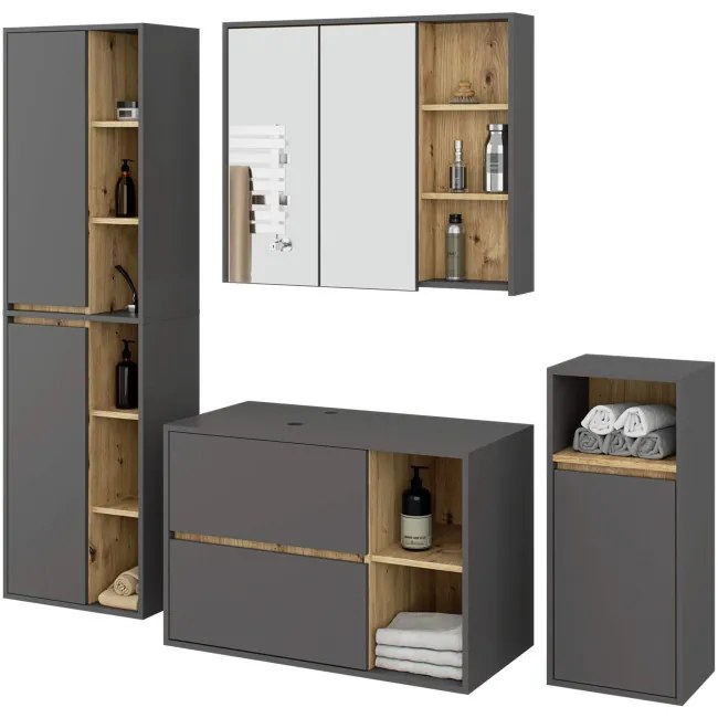 Kúpeľňová zostava VAMI s otvormi na umývadlo, grafitová / sivá / dub artisan