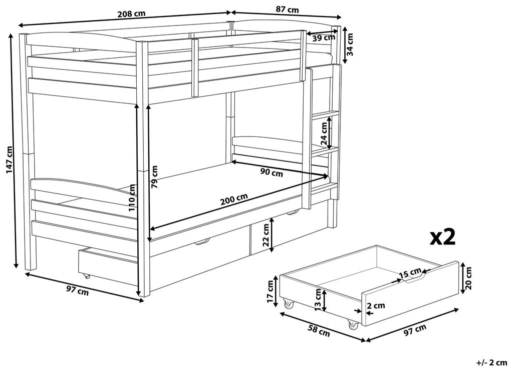 Poschodová posteľ s úložným priestorom 90 x 200 cm sivá REGAT Beliani