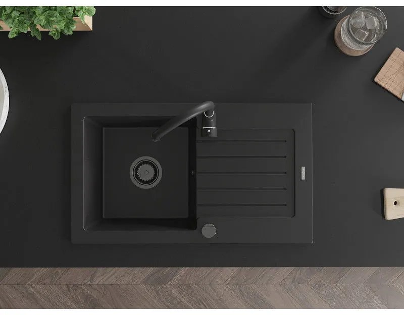 Mexen Pablo, granitový drez 752x436x161 mm, 1-komorový, čierna s čiernym sifónom, 6510751010-77-B