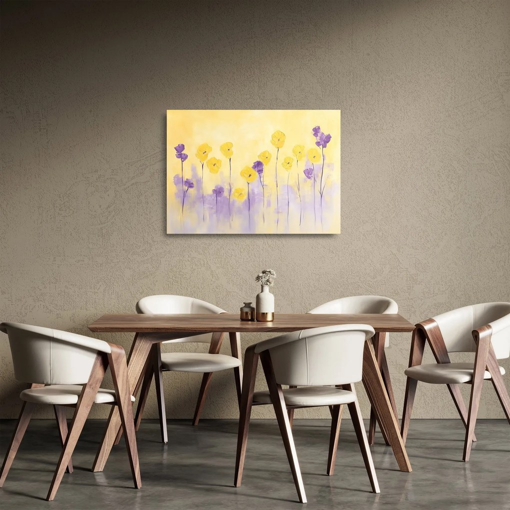 Sklenený obraz - Fialové a žlté kvietky (70x50 cm)