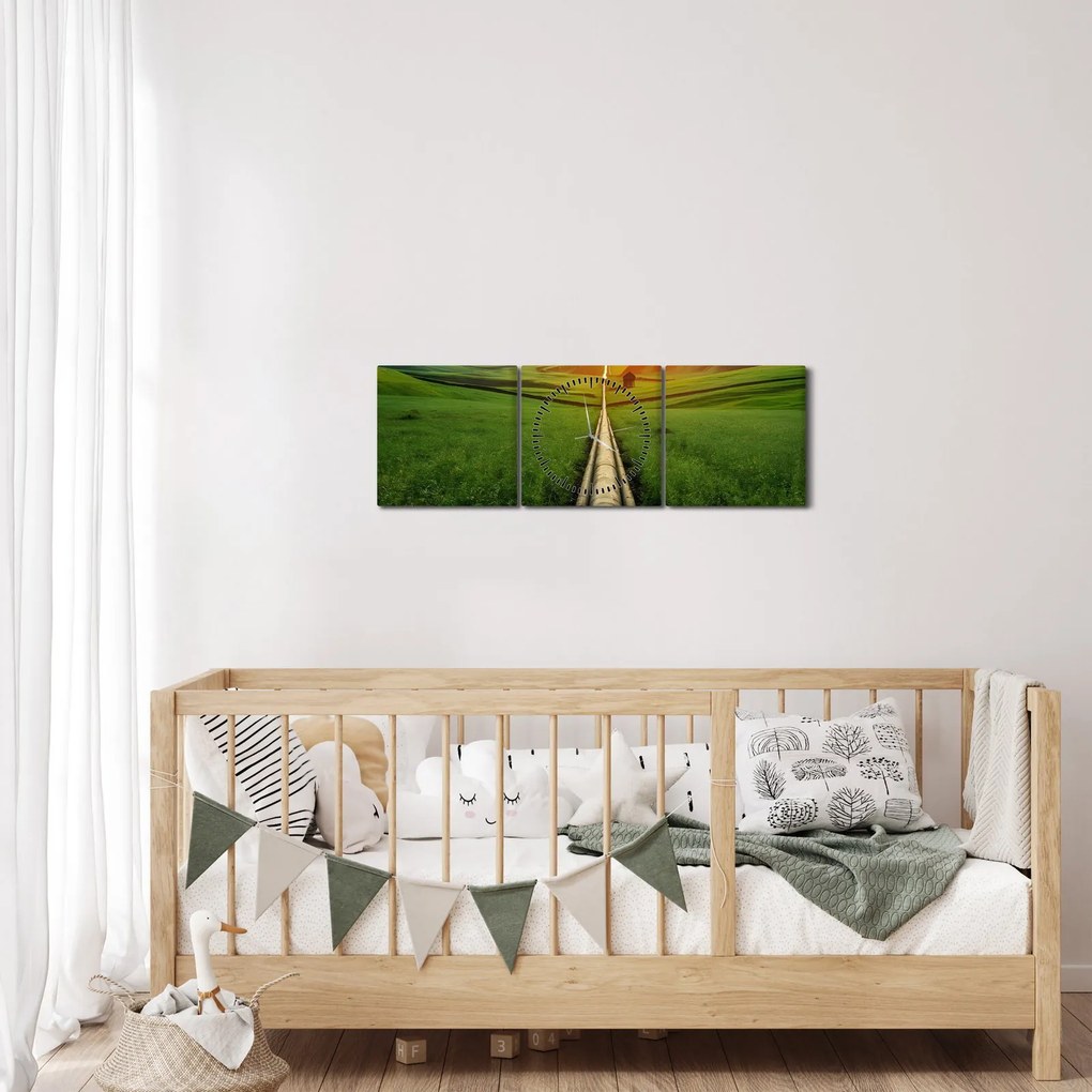 Obraz - Východ slnka nad údolím (s hodinami) (90x30 cm)