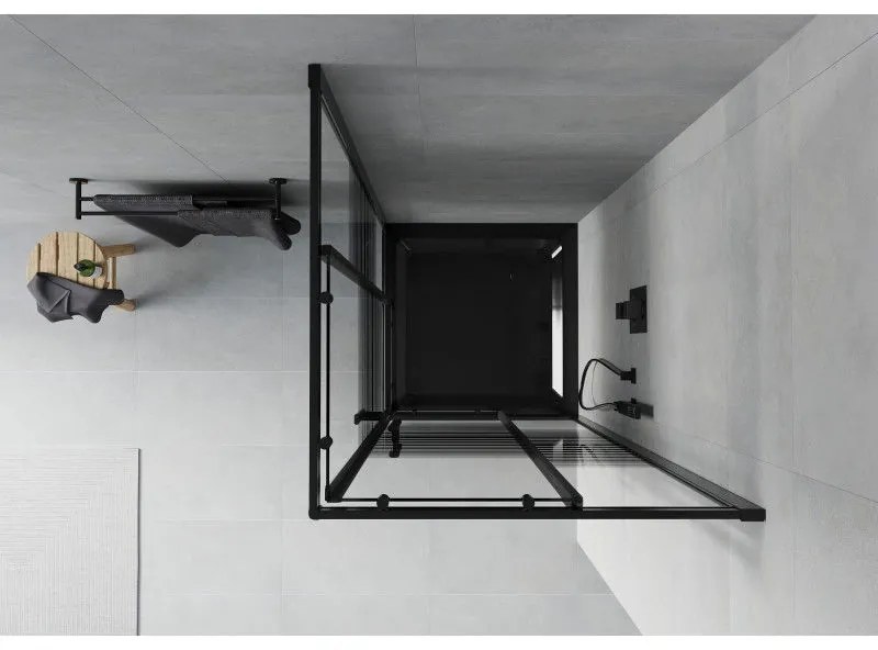 Mexen Rio, štvorcový sprchovací kút s posuvnými dverami 80(dvere) x 80(dvere) x 190 cm, 6mm číre sklo s pásikmi, čierny profil + čierna sprchová vanička SLIM, 860-080-080-70-20-4070B