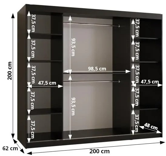 Šatníková skriňa so zrkadlom 200 cm Riana Wa 2 200 (biela + čierna). Vlastná spoľahlivá doprava až k Vám domov. 1063498