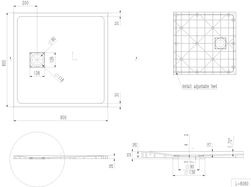 Erga Hyper, SMC sprchová vanička 80x80x2,6 cm + sifón, šedá matná, ERG-V06-SMC-8080S-GR