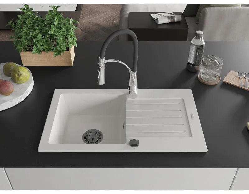 Mexen Pablo, 1-komorový granitový drez 752x436x161 mm a drezová batéria Aster, biela, 6510-20-73450-07-B