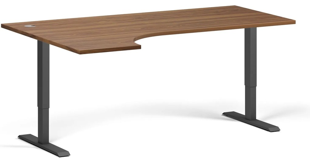 Rohový výškovo nastaviteľný stôl, 180x120 cm, 2 motory, L/P, čierna podnož, orech