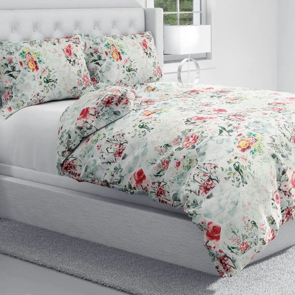 Biante Bavlnené posteľné obliečky Sandra SA-415 Kvety na mintovom hexagóne Predĺžené 140x220 a 70x90 cm