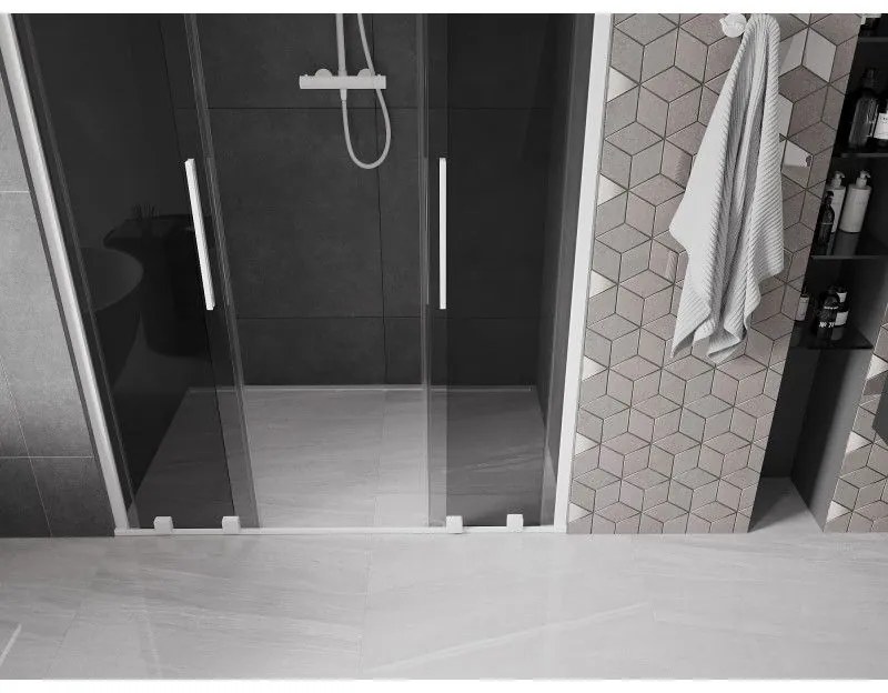 Mexen Velar Duo, posuvné sprchové dvere do otvoru 150 cm, 8mm šedé sklo, biela matná, 871-150-000-42-20