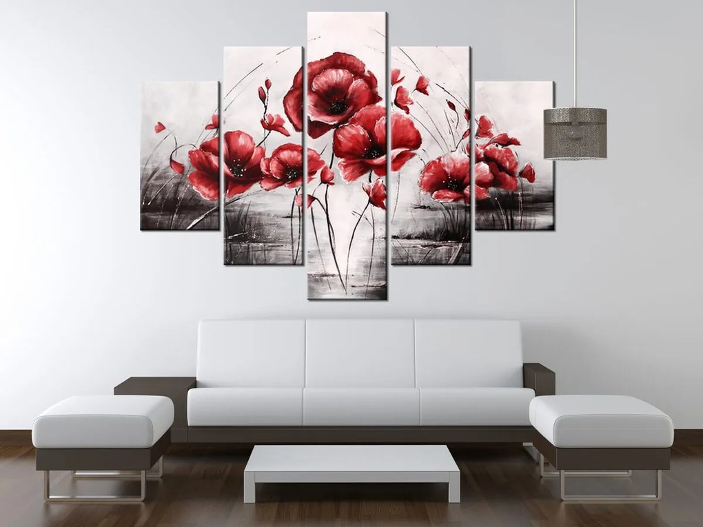 Gario Ručne maľovaný obraz Červené Vlčie maky - 5 dielny Rozmery: 100 x 70 cm