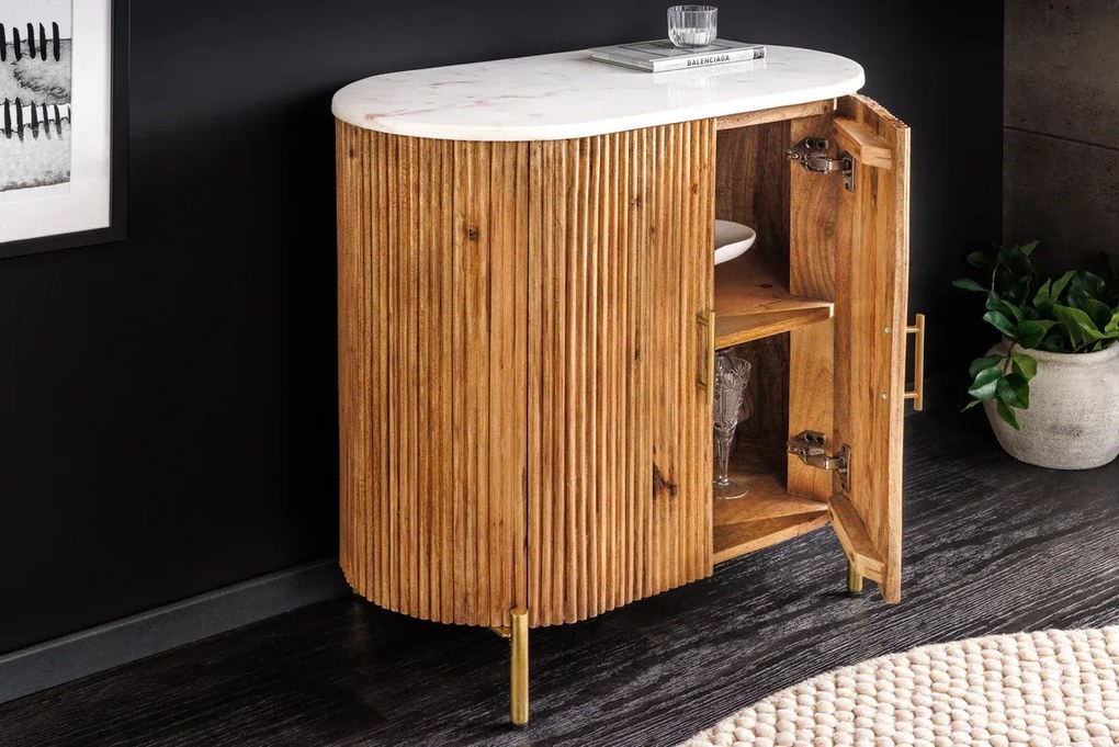 Sideboard TRES 70cm mango wood natural w/ white marble top and golden handles