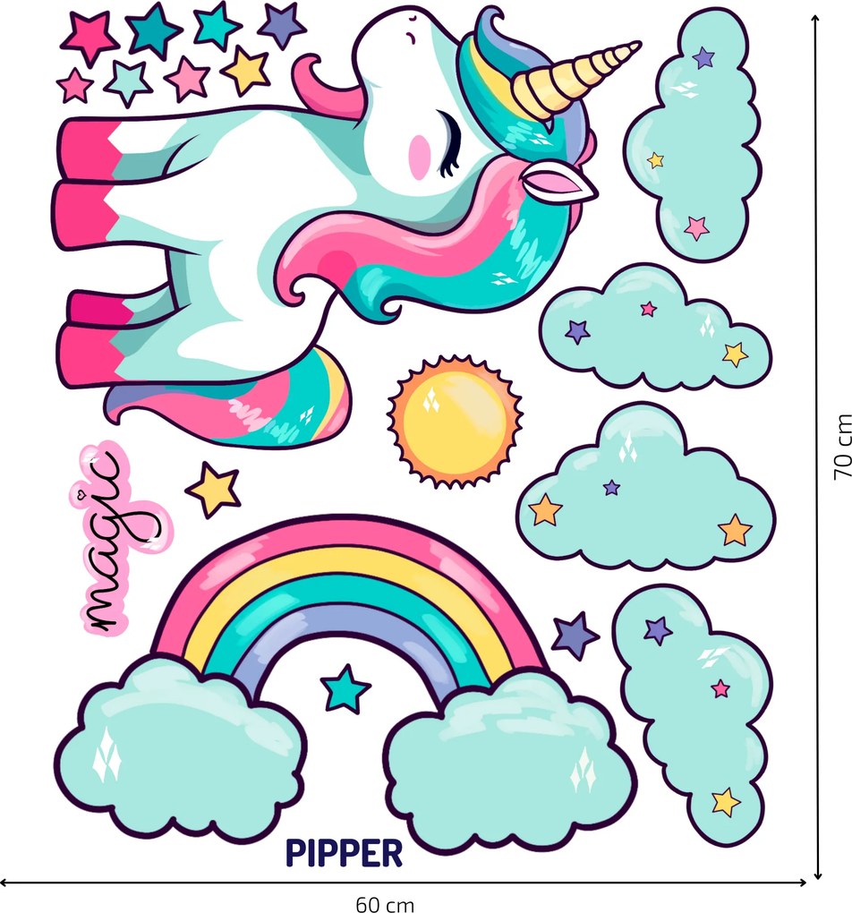 PIPPER. Jednorožec s obláčikmi - textilná nálepka na stenu
