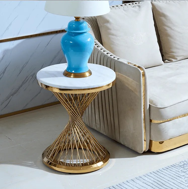 OKRÚHLY KONFERENČNÝ STOLÍK AUDREY BIELY MRAMOR + ZLATÝ 50 cm