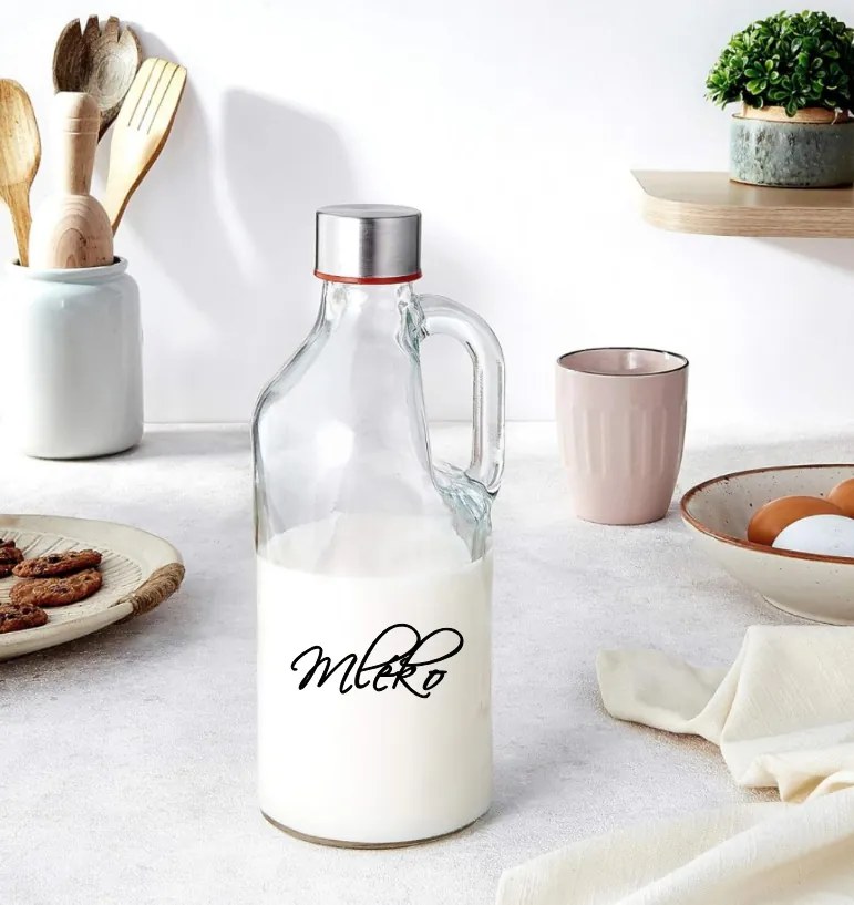 Orion Sklenená fľaša na mlieko / olej / aviváž, s rúčkou a uzáverom so závitom, 1,15 l