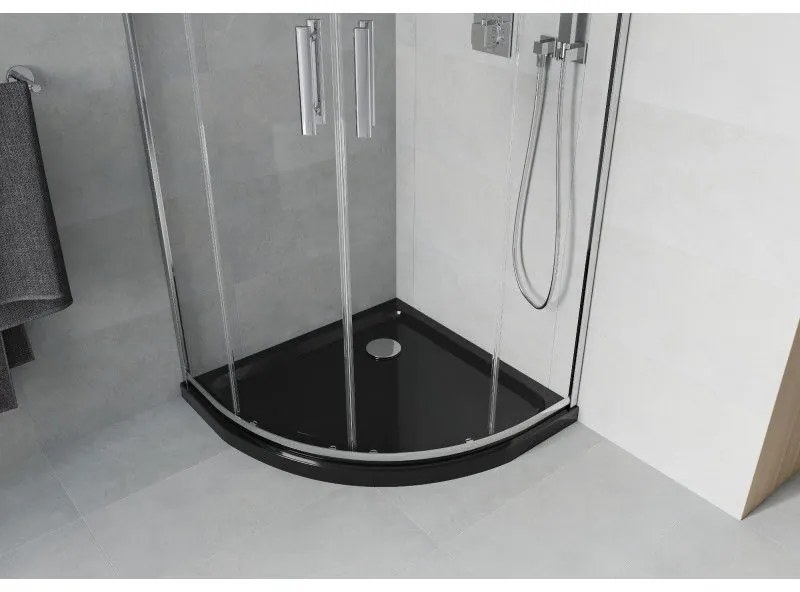 Mexen Rio, štvrťkruhový sprchovací kút s posuvnými dverami 90 x 90 cm, 6mm číre sklo, chrómový profil + čierna sprchová vanička, 863-090-090-01-00-4170