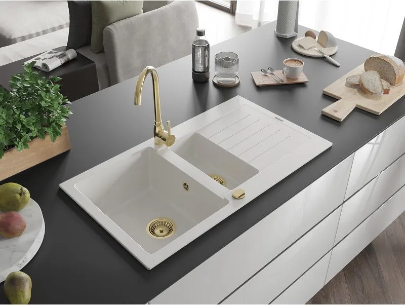 Mexen Matias - drez granitový 900x505x200 mm, 1,5-komorový, biela so zlatým sifónom, 6502901505-20-G