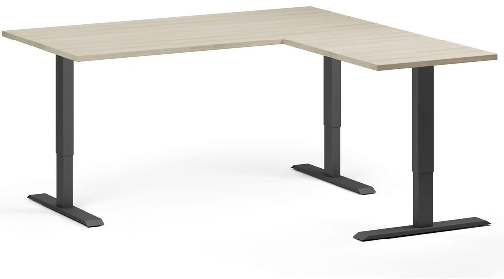 Výškovo nastaviteľný stôl, 160x160 cm, 3 motory, L/P, čierna podnož, dub prírodný