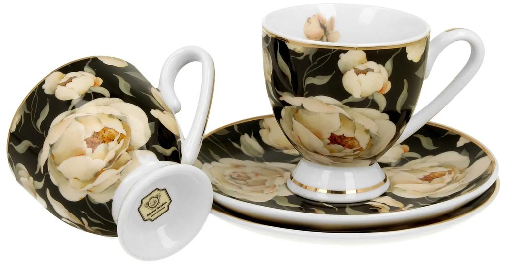 Porcelánová šálka na nohe s podšálkou English Roses Black 90 ml sada 2ks