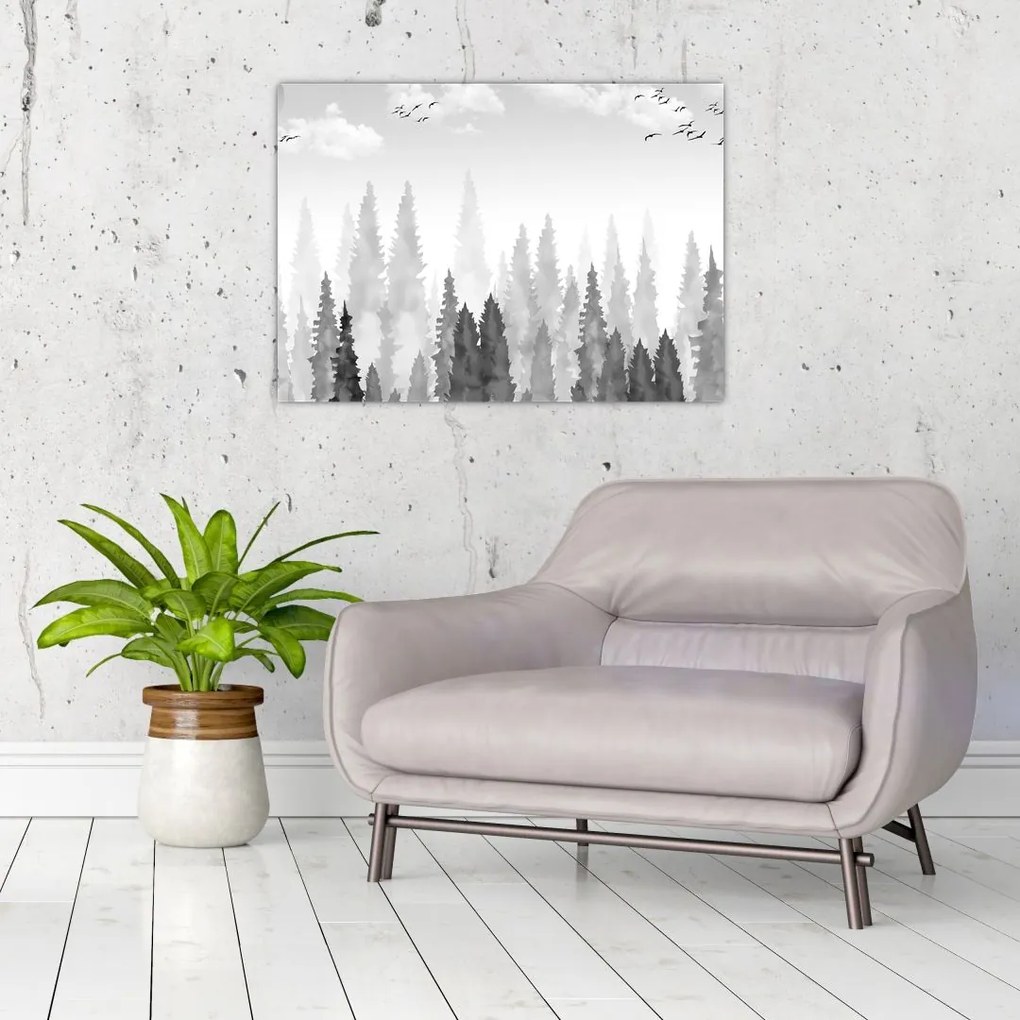 Sklenený obraz - Vrcholky lesov (70x50 cm)