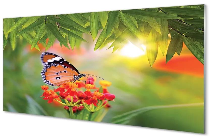 Sklenený obraz Farebný motýľ kvety 140x70 cm