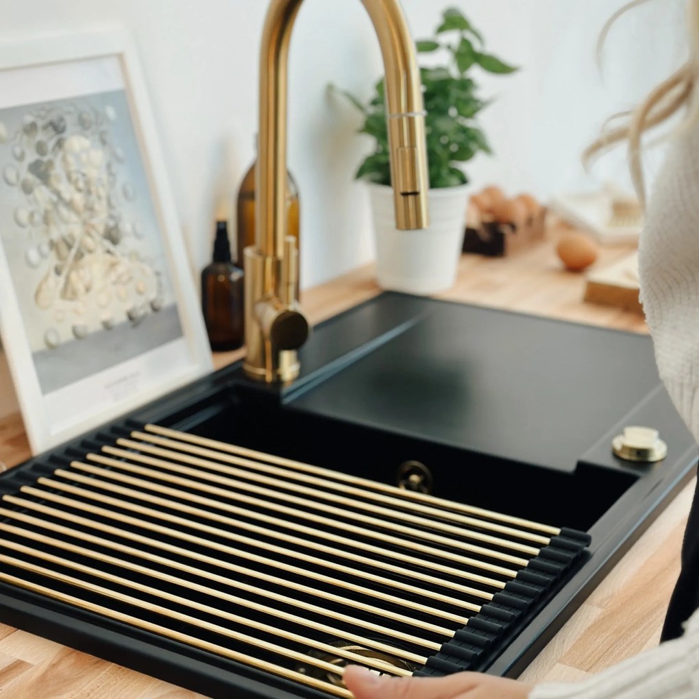 Sink Quality Sink55, kuchynský granitový drez 620x460x215 mm + chrómový sifón, čierna so zlatými bodmi, SKQ-SINK.L.1KKO.X