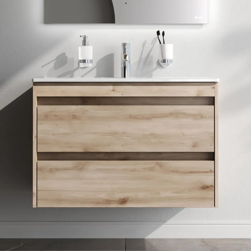 Skrinka s umývadlom 80 AM.PM Spike MPA-FHX0802HF-WCC0802WG závesná, 2 zásuvky, svetlý dub