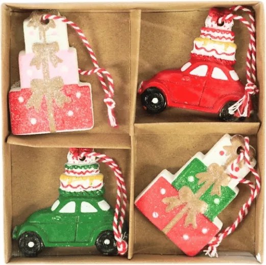Sada 4 ks vianočných ozdôb CHRISTMAS CAR 6 cm