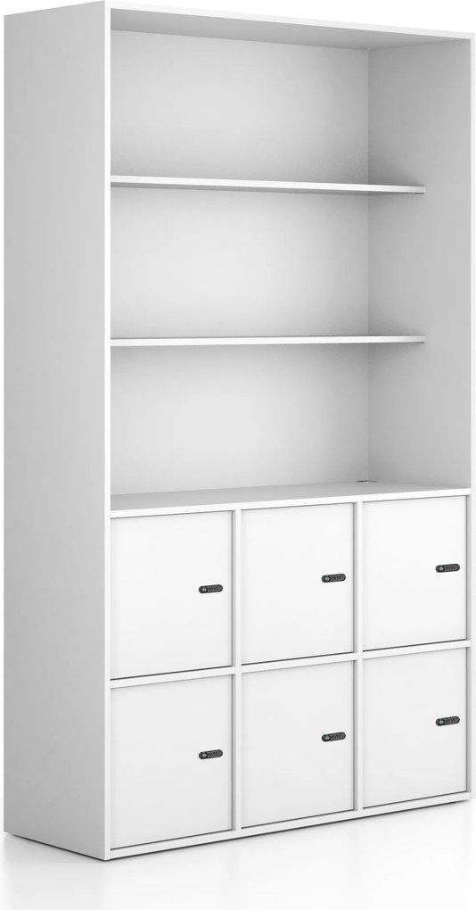 Kancelárska skriňa FRAME, 6x dvere, 2x polica, 1299 x 450 x 2162 mm, mechanický kódový zámok, biela