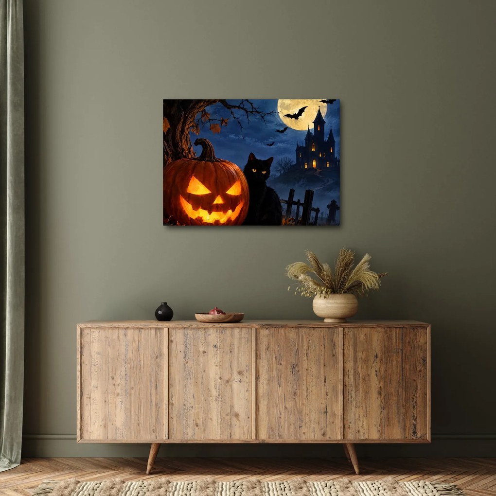 Obraz - Čierna mačka pri svietiacej tekvici na Halloween (70x50 cm)