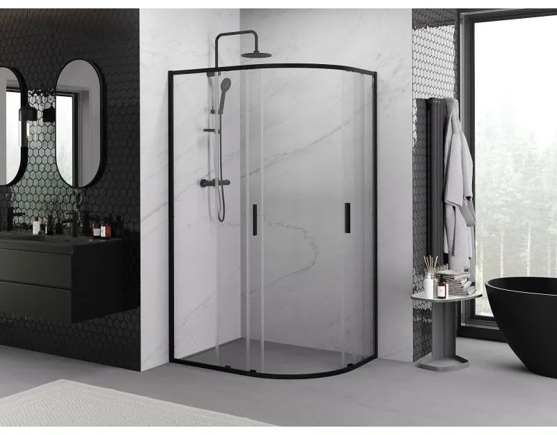 Mexen Exo, asymetrický sprchový kút s posuvnými dverami 100 x 80 cm, 6mm číre sklo, čierny profil, 8132-100-080-70-00