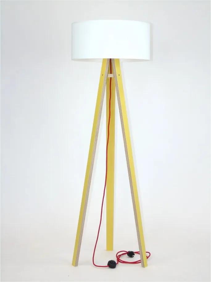 Žltá stojacia lampa s bielym tienidlom a červeným káblom Ragaba Wanda
