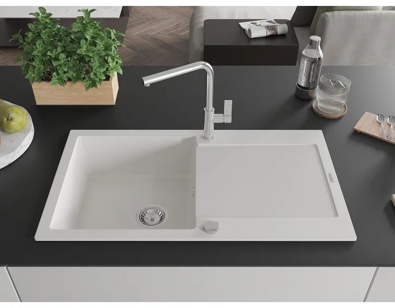Mexen Leo, 1-komorový granitový drez 900x500x190 mm a drezová batéria Flora, biela, 6501-20-670401-00
