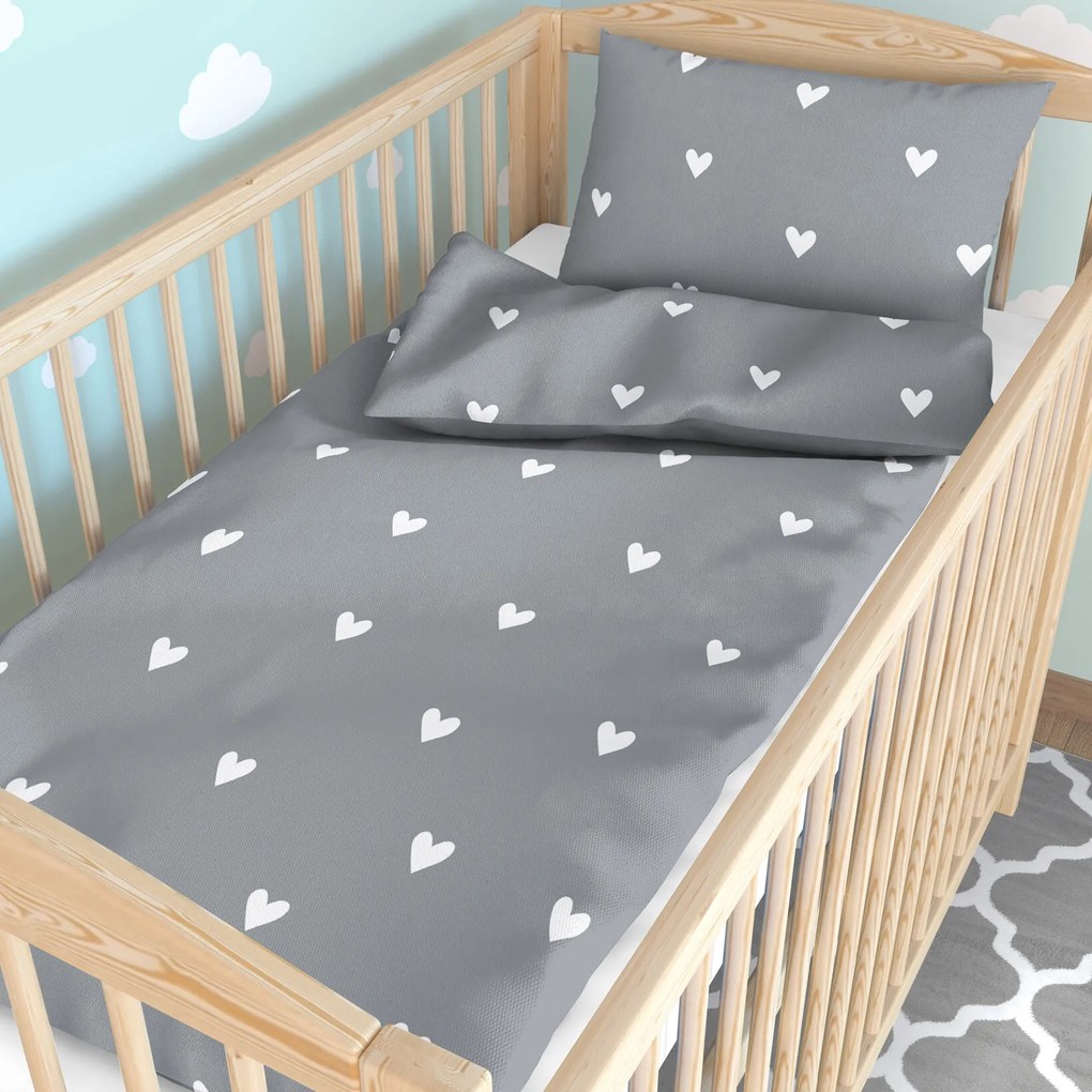 Goldea detské bavlnené obliečky do postieľky - srdiečka na sivom 110 x 125 a 35 x 55 cm
