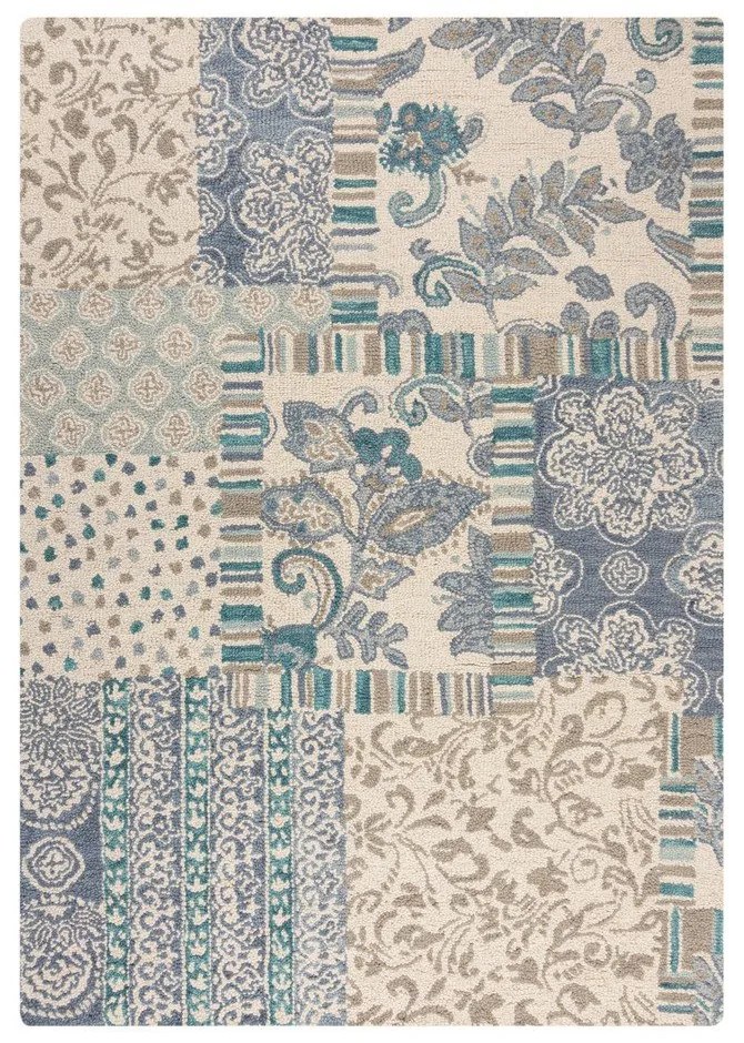 Modrý/béžový ručne tkaný vlnený koberec 160x230 cm Eloise Patchwork – Flair Rugs