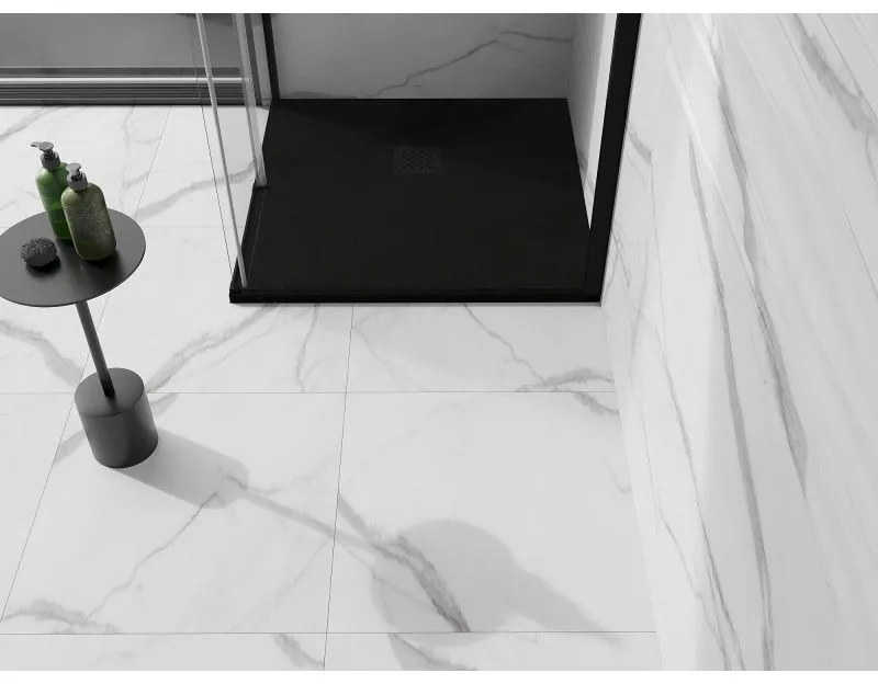 Mexen Stone+, štvorcová vanička z minerálneho kompozitu 90 x 90 cm, čierna, čierna krytka, 44709090-B