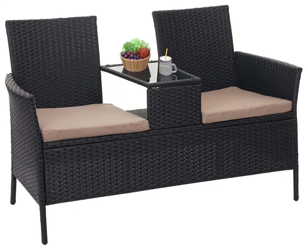 Záhradná lavica so stolíkom E24 - umelý ratan, 132cm - Čierna, sedáky krémová
