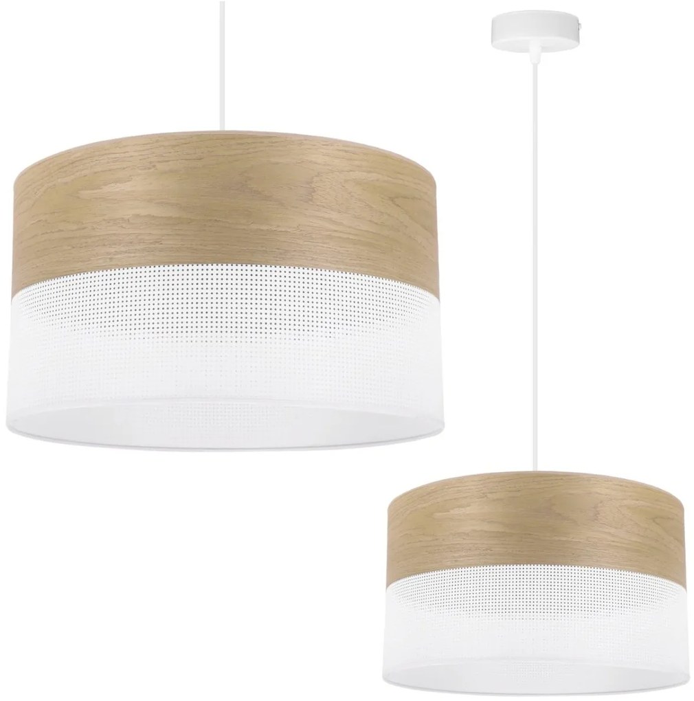 Závesné svietidlo Wood, 1x dýha zlatý dub/biele PVC tienidlo, (fi 35cm)