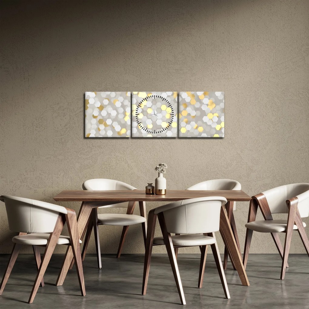 Obraz - Zlato-biele hexagóny (s hodinami) (90x30 cm)