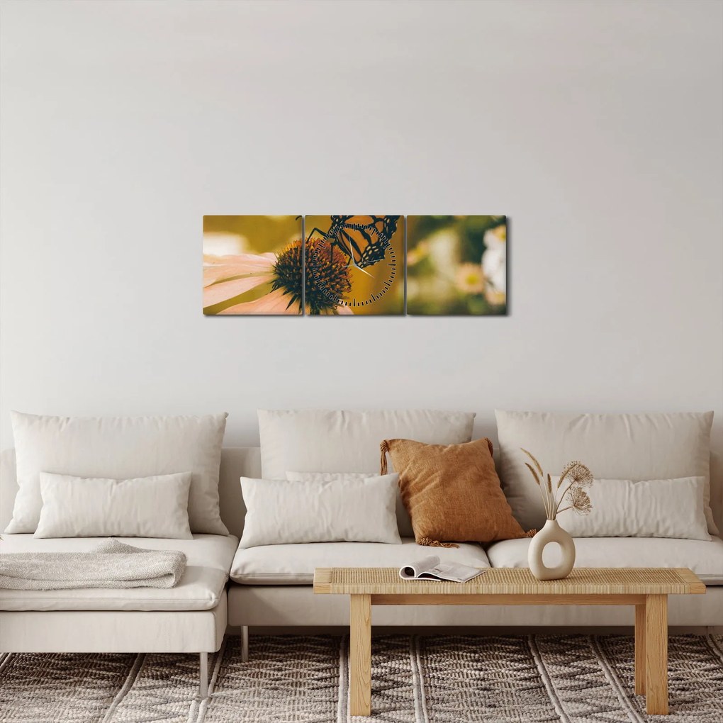 Obraz motýľa na kvetine (s hodinami) (90x30 cm)