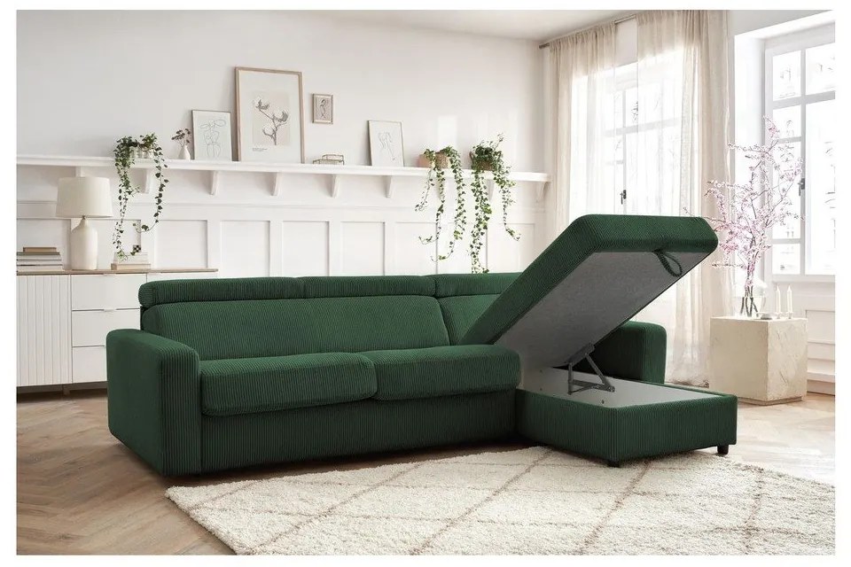 Tmavozelená menčestrová rozkladacia rohová pohovka (variabilná) Monaco – Bobochic Paris