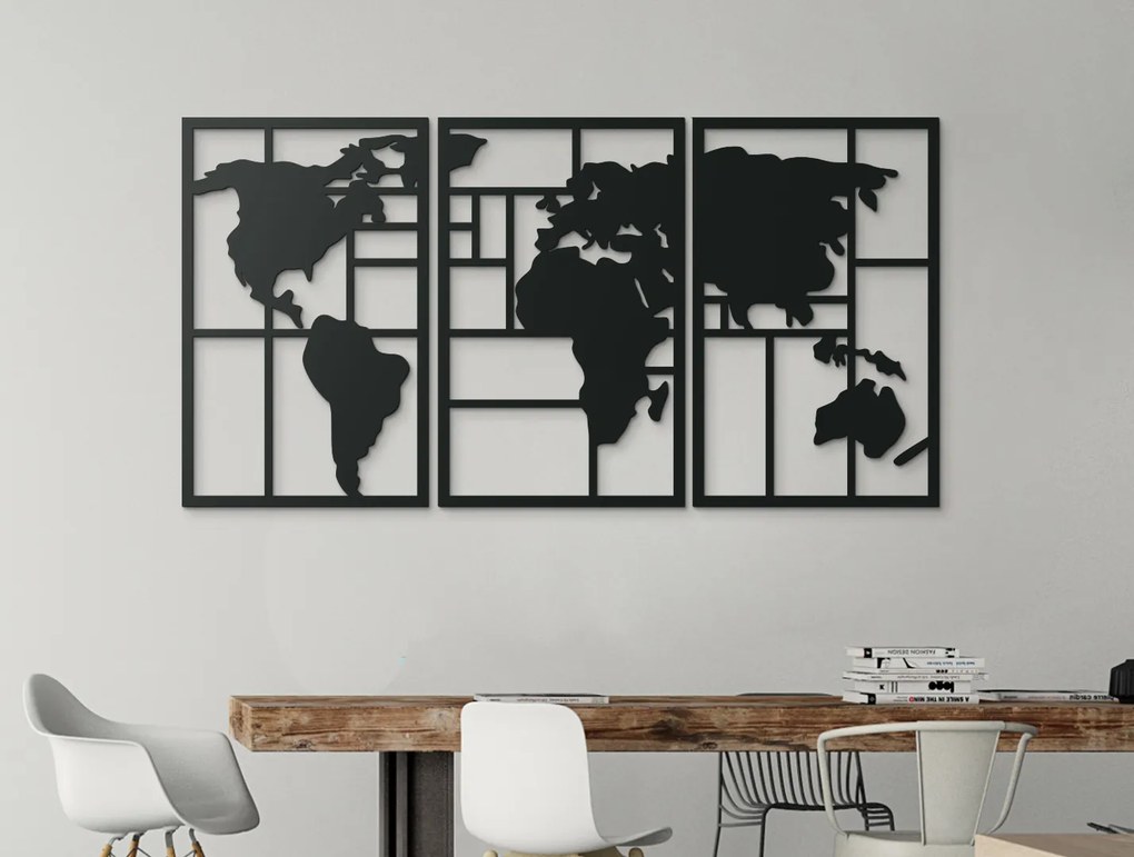 drevko Viacdielny obraz Mapa sveta na stenu Rozmer obrazu: 45,5 x 89 cm, Farba dekorácie: Čierna