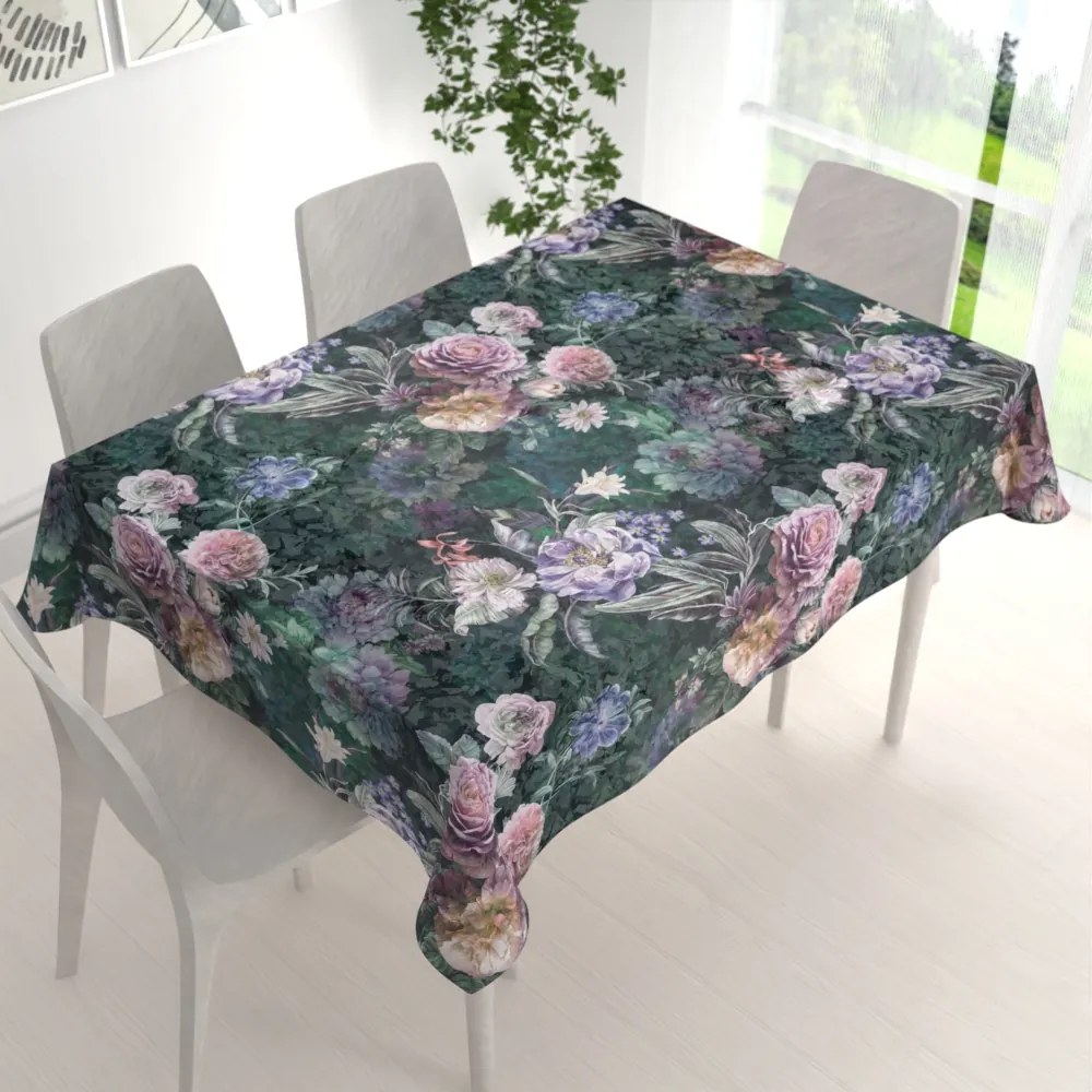 Biante Dekoračný obdĺžnikový obrus BM-010 Veľké fialové kvety na tmavo zelenom 100x140 cm