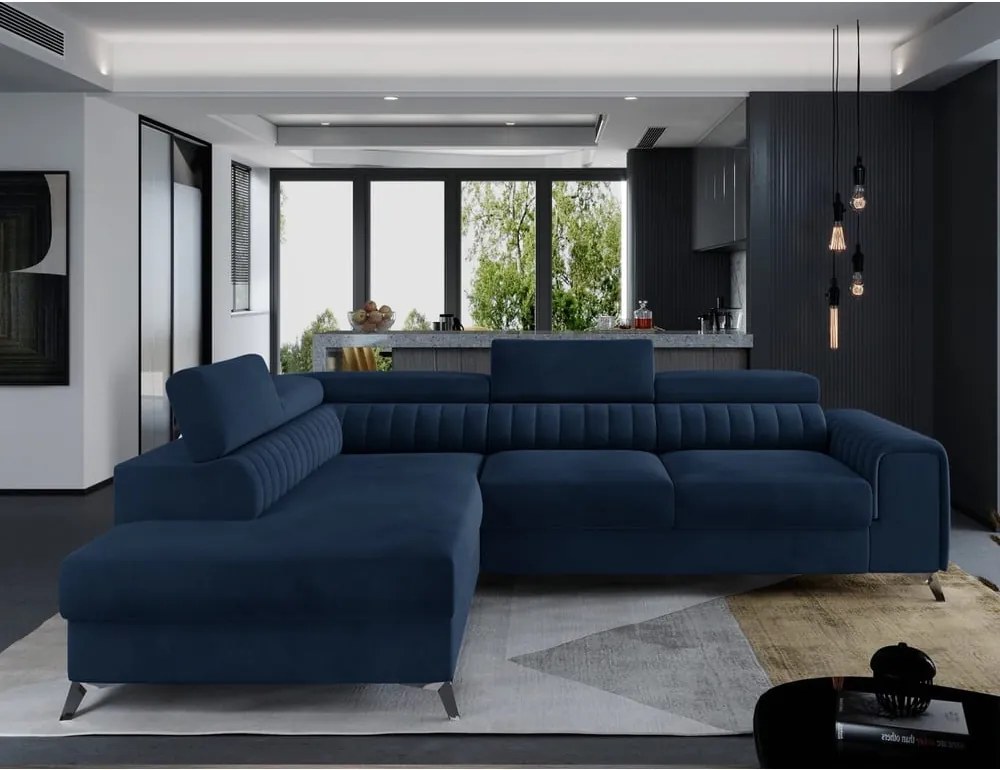 Modrá zamatová rozkladacia/s úložným priestorom rohová pohovka (ľavý roh/do L) Laurence – ELTAP