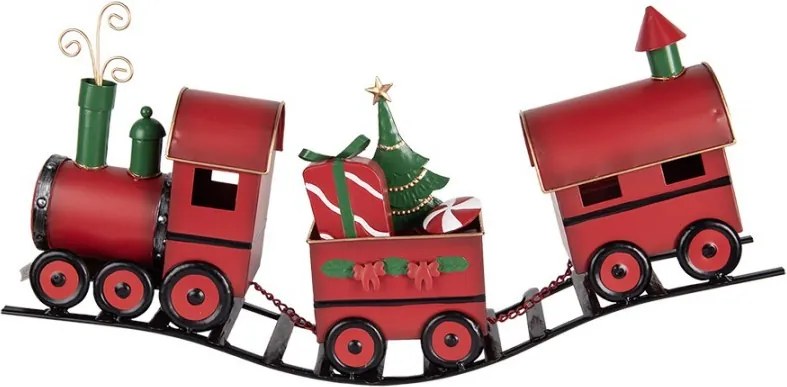 Červená kovová dekorácia vláčik na koľajniciach Christmas Train - 63*13*31 cm