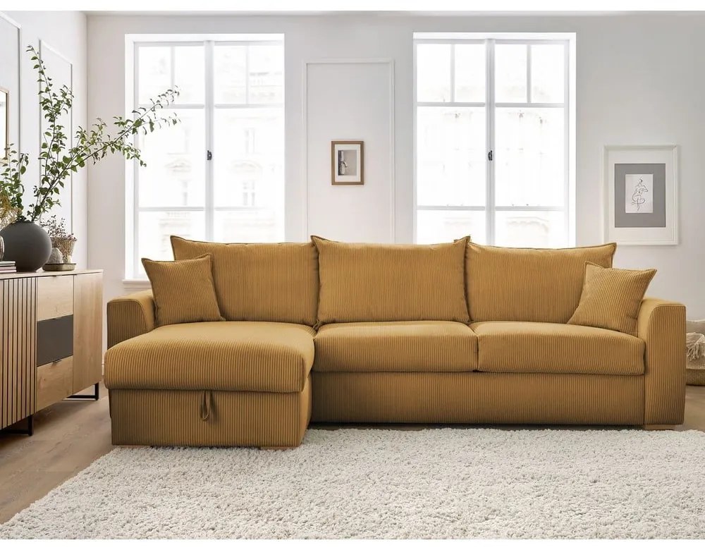 Žltá menčestrová rozkladacia rohová pohovka (variabilná) Augustin – Bobochic Paris