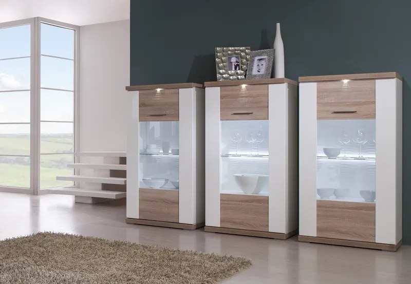 Vitrína Caracas typ 24, dub/biely lesk, s osvetlením