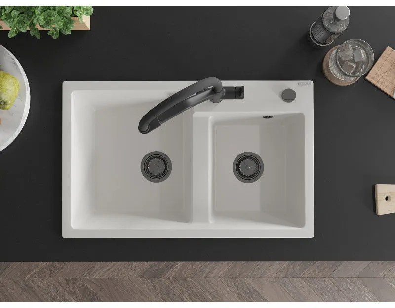 Mexen Tomas, 2-komorový granitový drez 800x500x190 mm a kuchynská batéria Duo, biela, 6516-20-671701-70-B